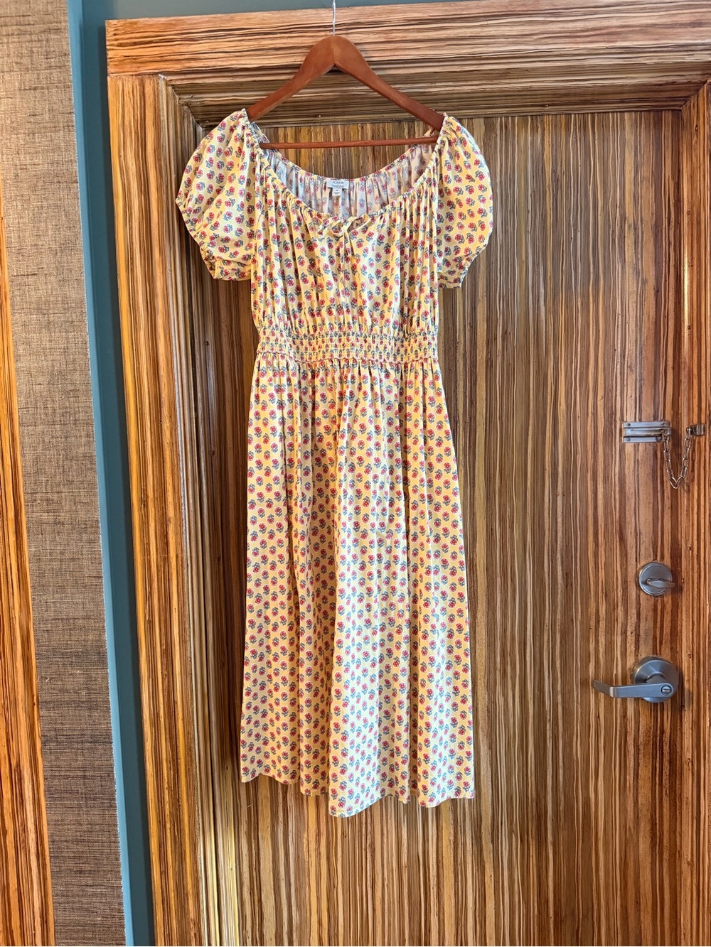 Floral Off-Shoulder Midi Dress - Yellow with Pink & Blue Print